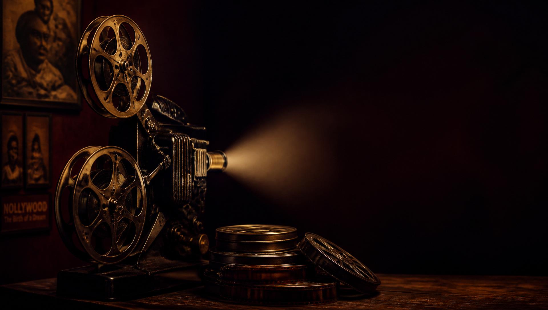 A vintage film projector and stacked celluloid reels glowing in warm light